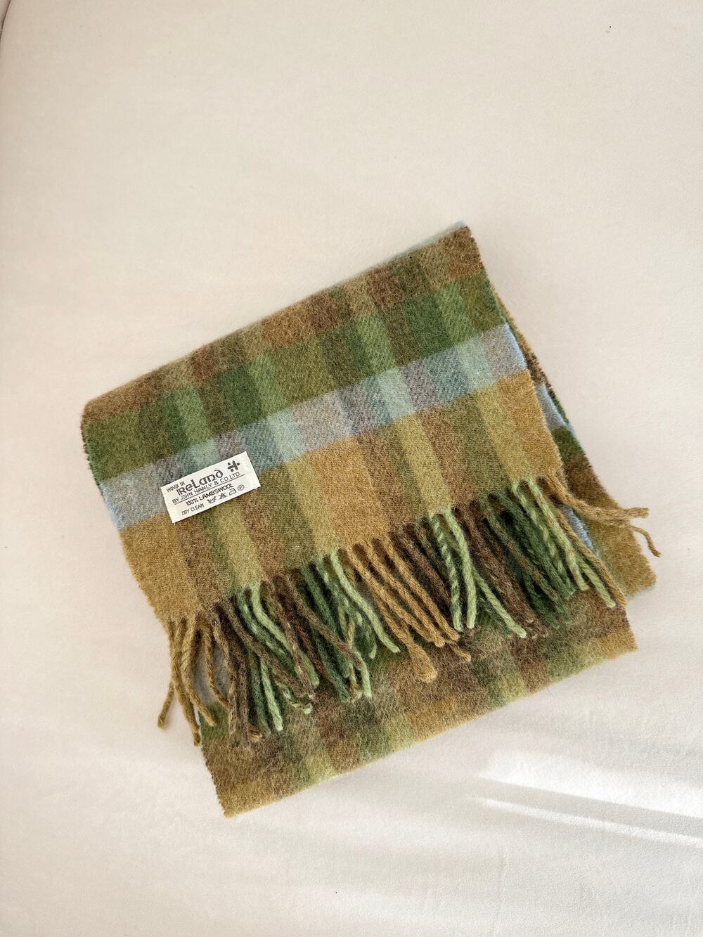 John Hanly Ireland 100% Pure Lambswool Plaid Fringe Scarf Green Ochre Woolen